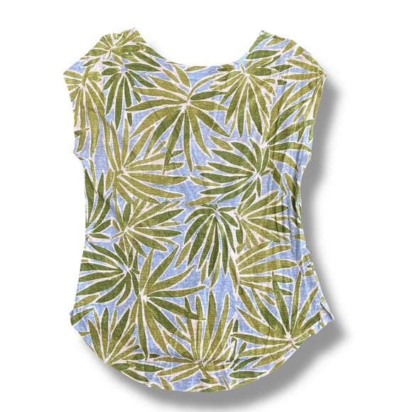 Sigrid Olsen Women’s L 100% Linen Top Green Palm‎ Leaf Print Blue Blouse - Picture 4 of 5